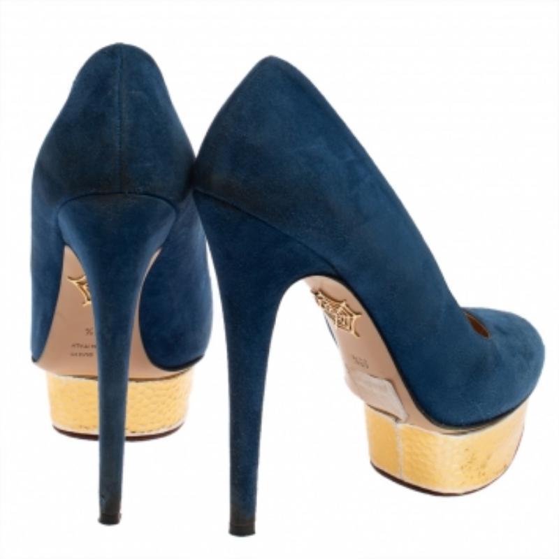 Women's Charlotte Olympia Blue Suede Dolly Platform Pumps Size 38.5 For Sale