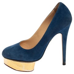 Charlotte Olympia Blue Suede Dolly Platform Pumps Size 38.5