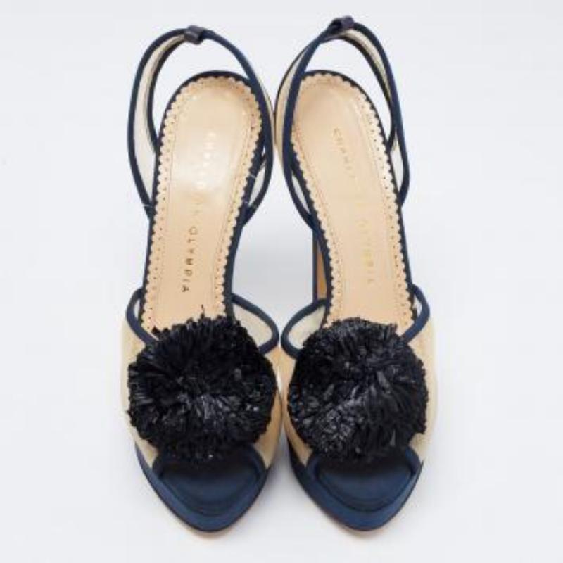 Charlotte Olympia Blue Suede Trim Mesh Pomoline Pom Pom Platform Sandals Size 37 en vente 6