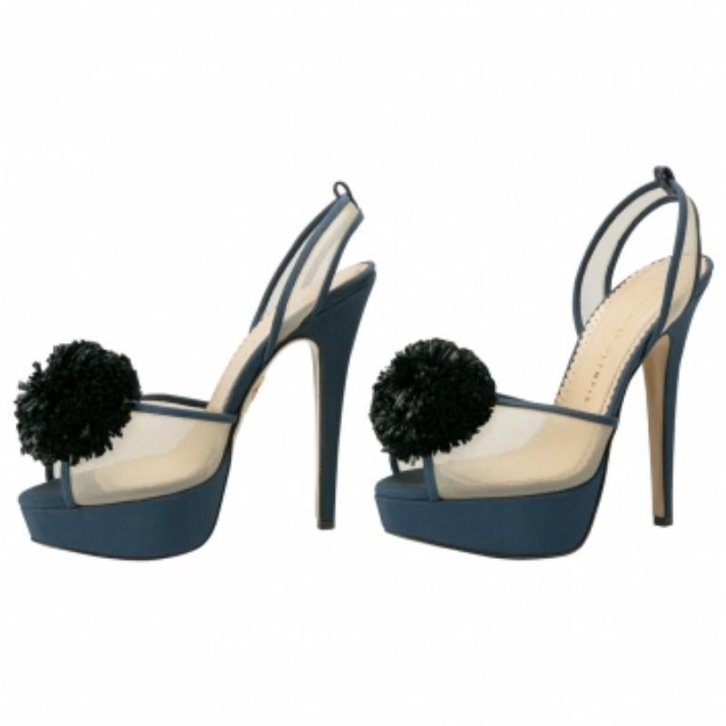 Noir Charlotte Olympia Blue Suede Trim Mesh Pomoline Pom Pom Platform Sandals Size 37 en vente