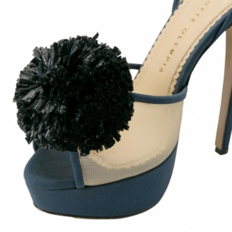 Charlotte Olympia Blue Suede Trim Mesh Pomoline Pom Pom Platform Sandals Size 37 Pour femmes en vente