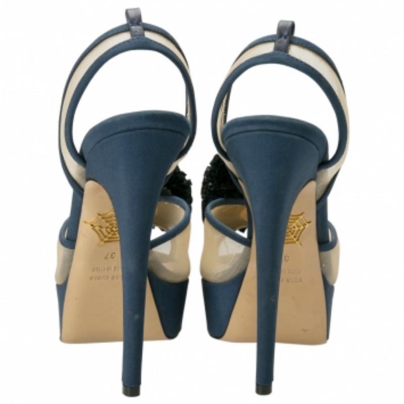 Charlotte Olympia Blue Suede Trim Mesh Pomoline Pom Pom Platform Sandals Size 37 en vente 1