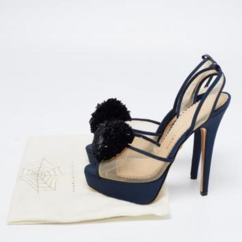 Charlotte Olympia Blue Suede Trim Mesh Pomoline Pom Pom Platform Sandals Size 37 en vente 2