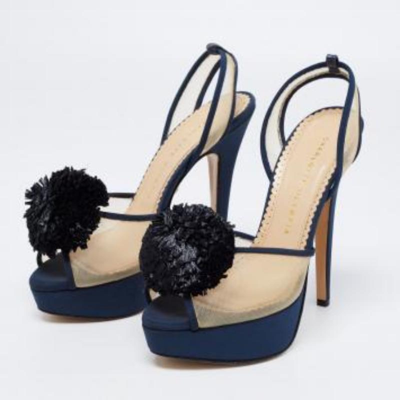 Charlotte Olympia Blue Suede Trim Mesh Pomoline Pom Pom Platform Sandals Size 37 en vente 4