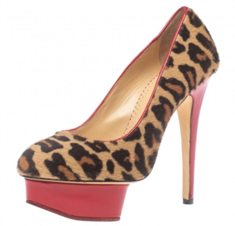 Women's Charlotte Olympia Brown/Beige Calf Hair Platform Pumps Size 36 For Sale