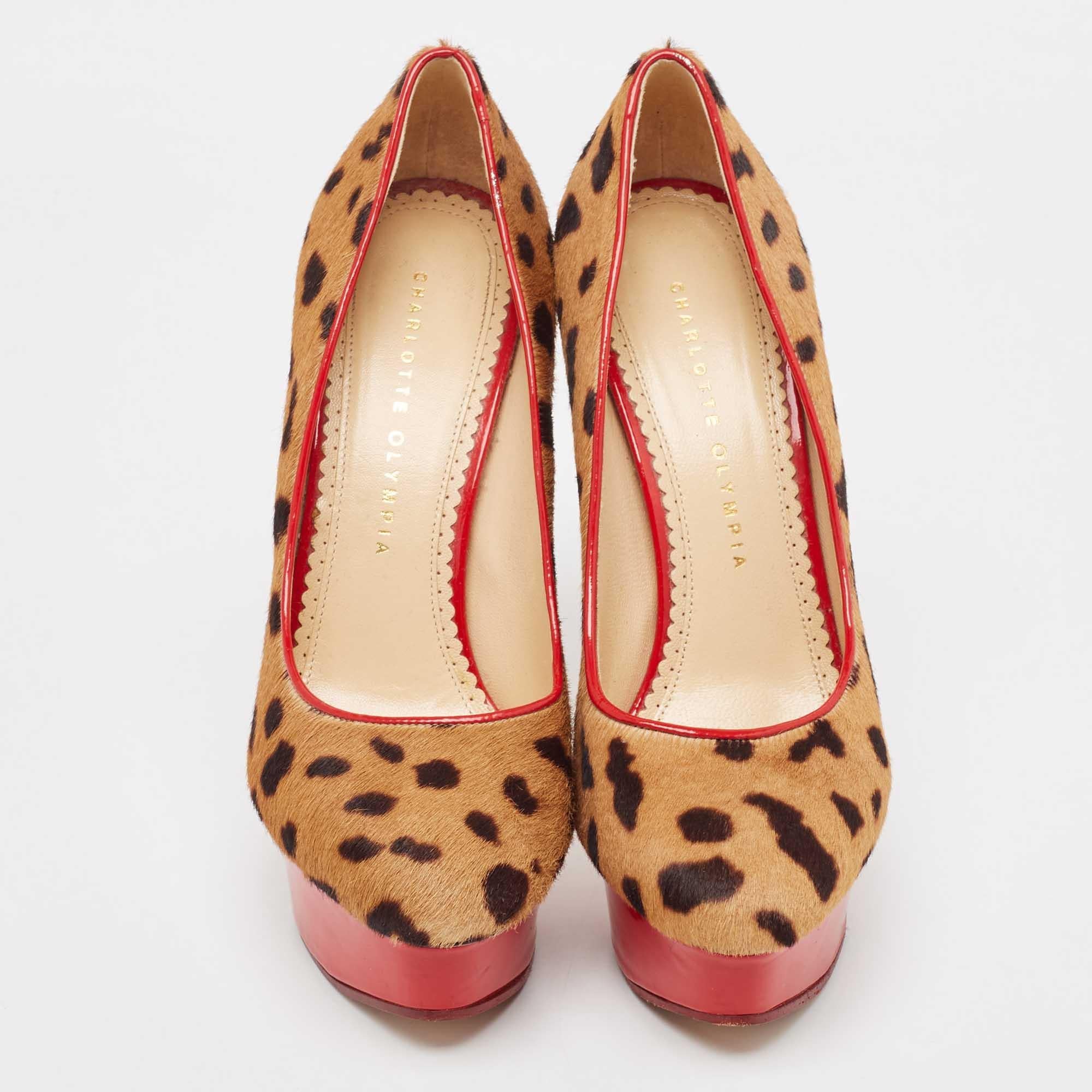 Orange Charlotte Olympia Brown/Beige Leopard Print Calf Hair Dolly Pumps Size 38