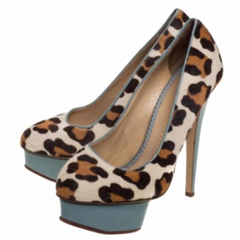 Gray Charlotte Olympia Brown/Beige Leopard Print Pony Hair And Leather Pumps Size 38 For Sale