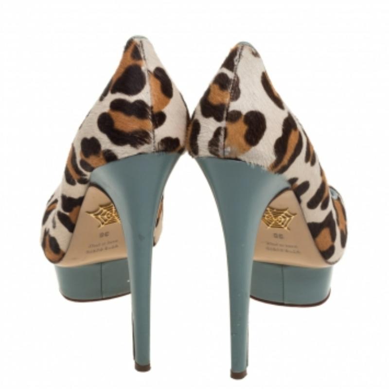Women's Charlotte Olympia Brown/Beige Leopard Print Pony Hair And Leather Pumps Size 38 For Sale