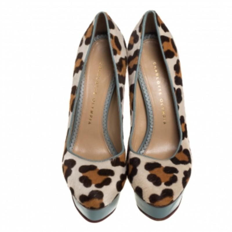 Charlotte Olympia Brown/Beige Leopard Print Pony Hair And Leather Pumps Size 38 For Sale 2