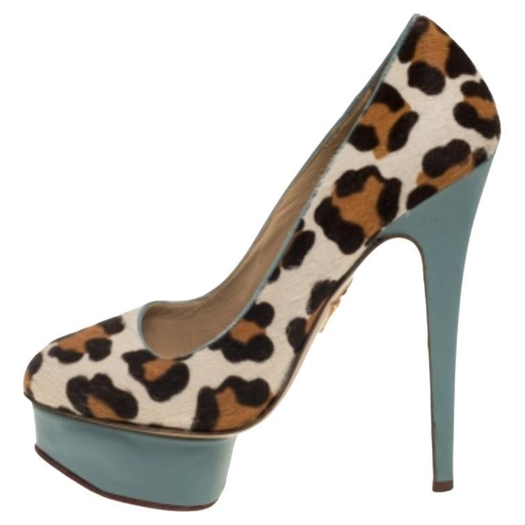 Charlotte Olympia Brown/Beige Leopard Print Pony Hair And Leather Pumps Size 38 For Sale