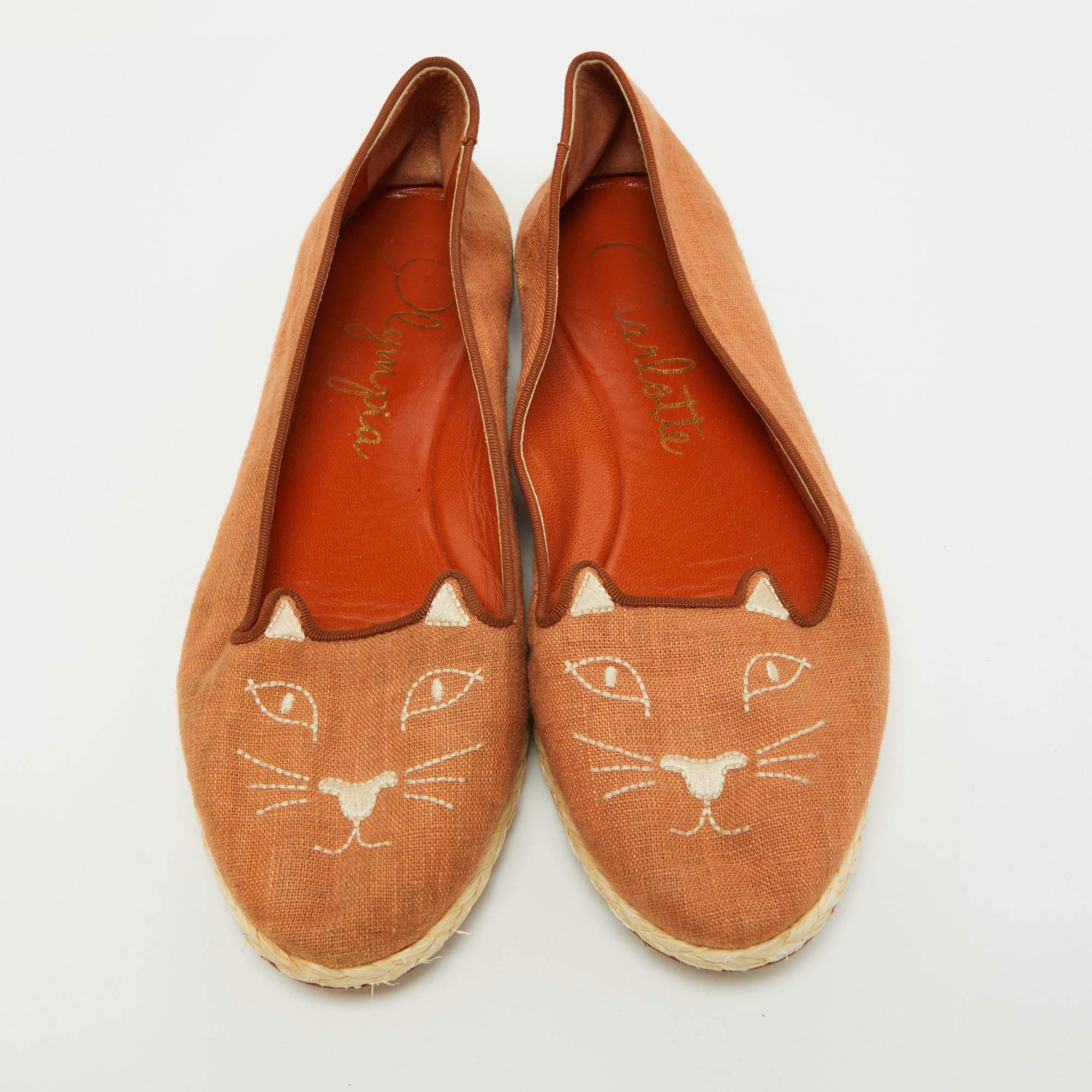 Charlotte Olympia Brown Canvas Espadrilles Flats Größe 37 (Braun) im Angebot