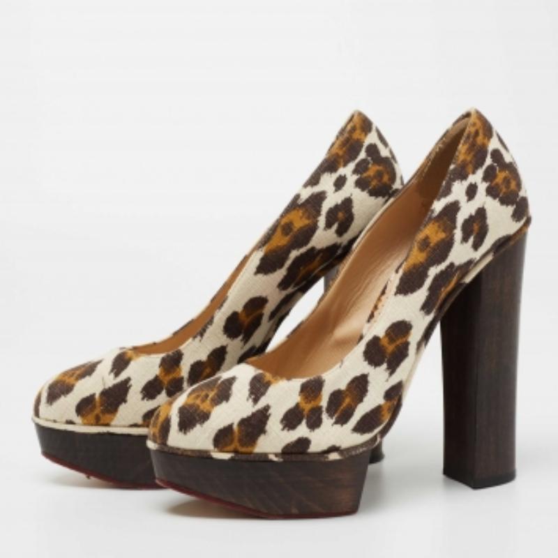 Charlotte Olympia Brown Canvas Leopard Print Platform Pumps Size 40 en vente 1