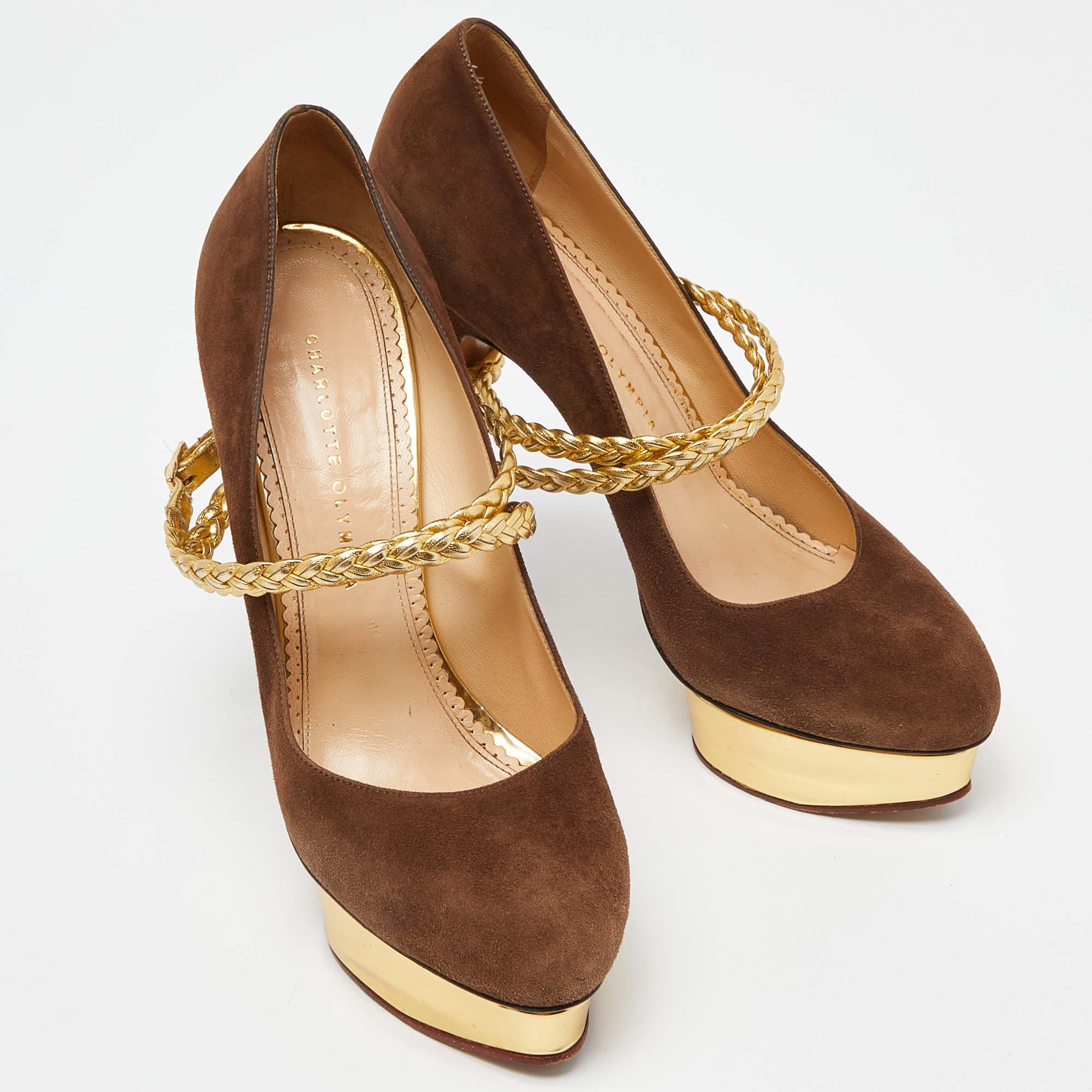 Women's Charlotte Olympia Brown/Gold Suede Dolly Platform Pumps Size 42 For Sale