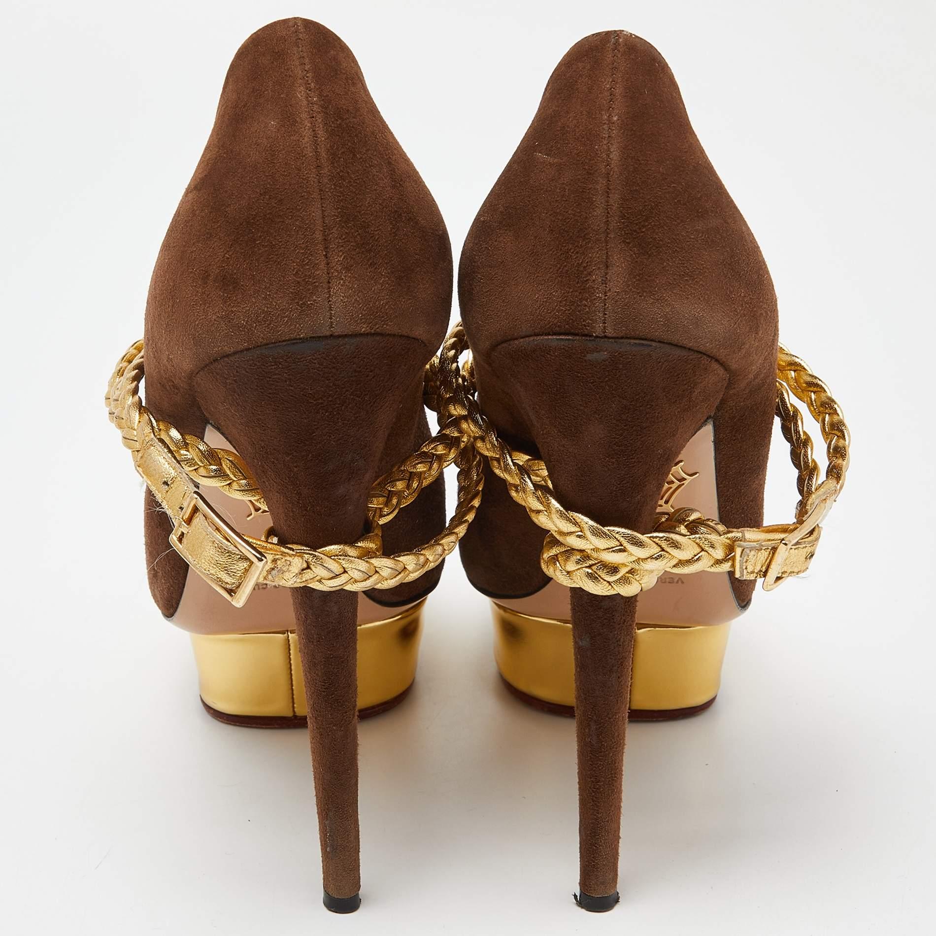 Charlotte Olympia Brown/Gold Suede Dolly Platform Pumps Size 42 For Sale 1