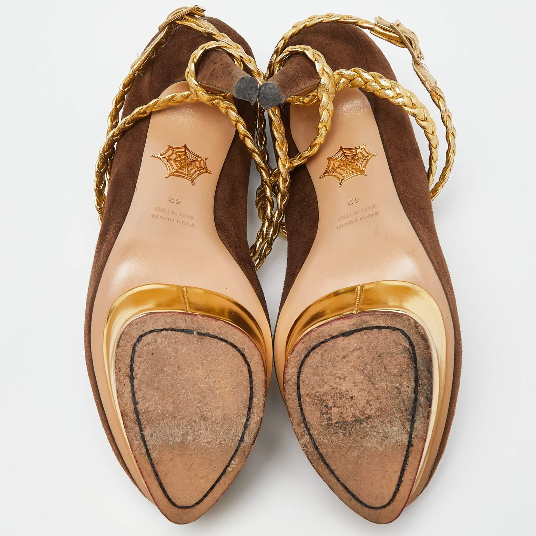 Charlotte Olympia Brown/Gold Suede Dolly Platform Pumps Size 42 For Sale 2