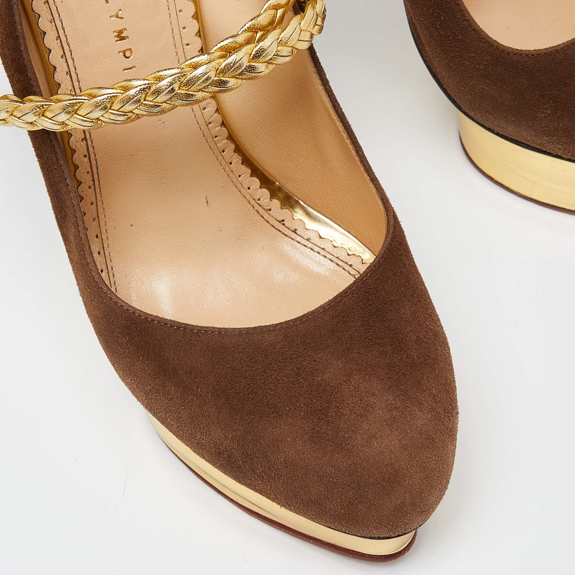 Charlotte Olympia Brown/Gold Suede Dolly Platform Pumps Size 42 For Sale 3