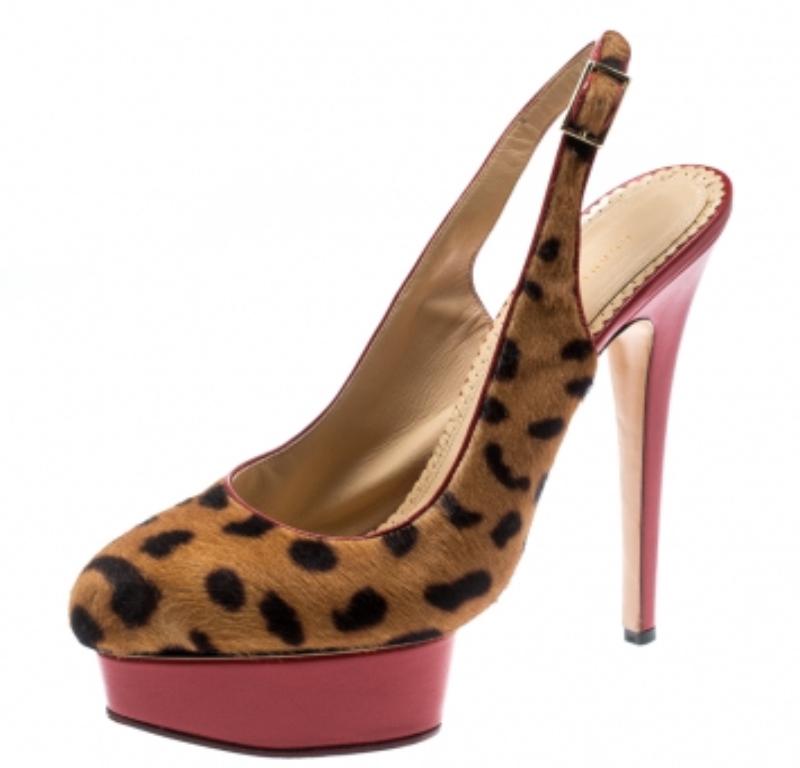 Women's Charlotte Olympia Brown Leopard Pony Hair Slingback Platform Sandals Size 40