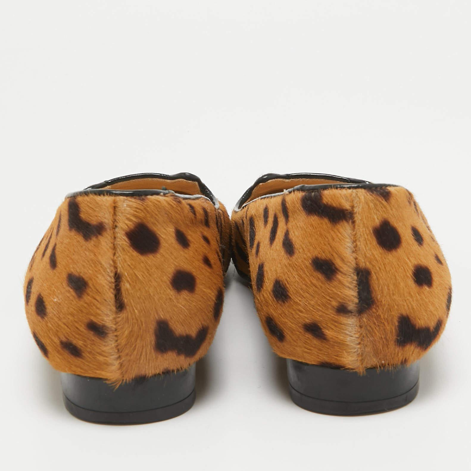 Charlotte Olympia Brown Leopard Print Calf Hair Cat Ballet Flats Size 38 For Sale 1