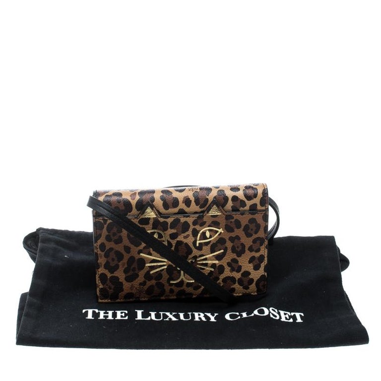 Charlotte Olympia Brown Leopard Print Leather Feline Purse Shoulder Bag