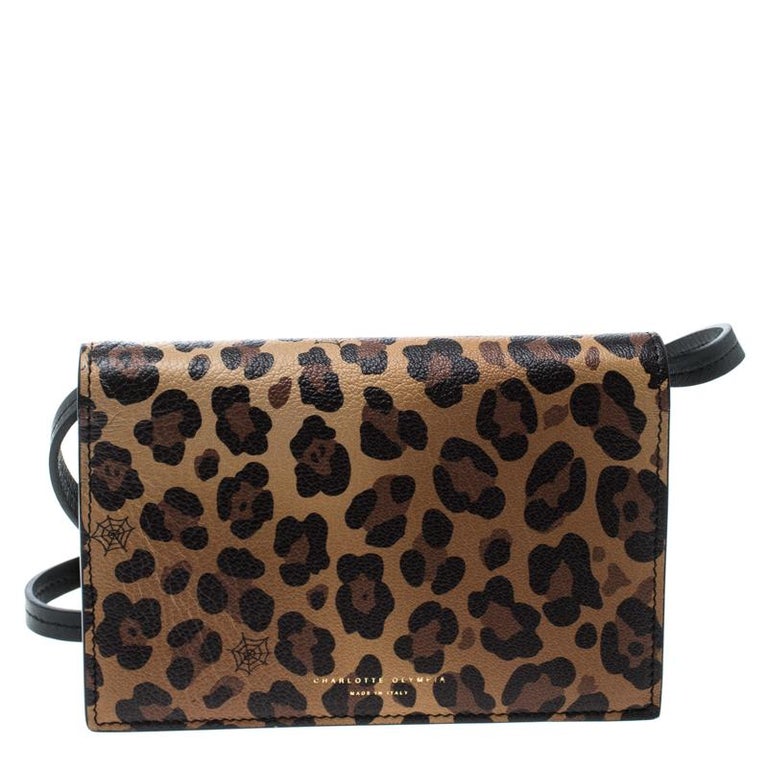 Charlotte Olympia Brown Leopard Print Leather Feline Purse Shoulder Bag