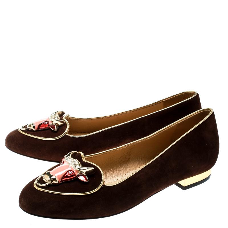 Black Charlotte Olympia Brown Suede Taurus Smoking Slippers Size 35.5