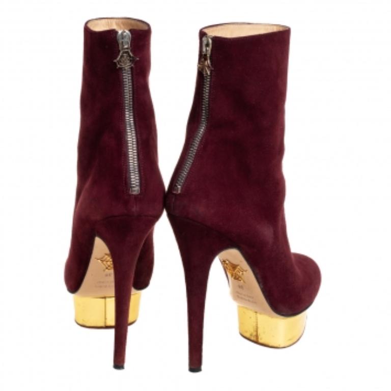 Black Charlotte Olympia Burgundy Suede  Ankle Boots Size 36 For Sale