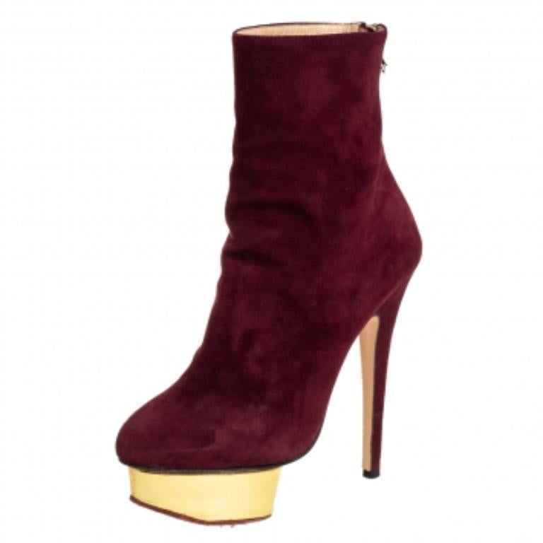 Women's Charlotte Olympia Burgundy Suede  Ankle Boots Size 36 For Sale