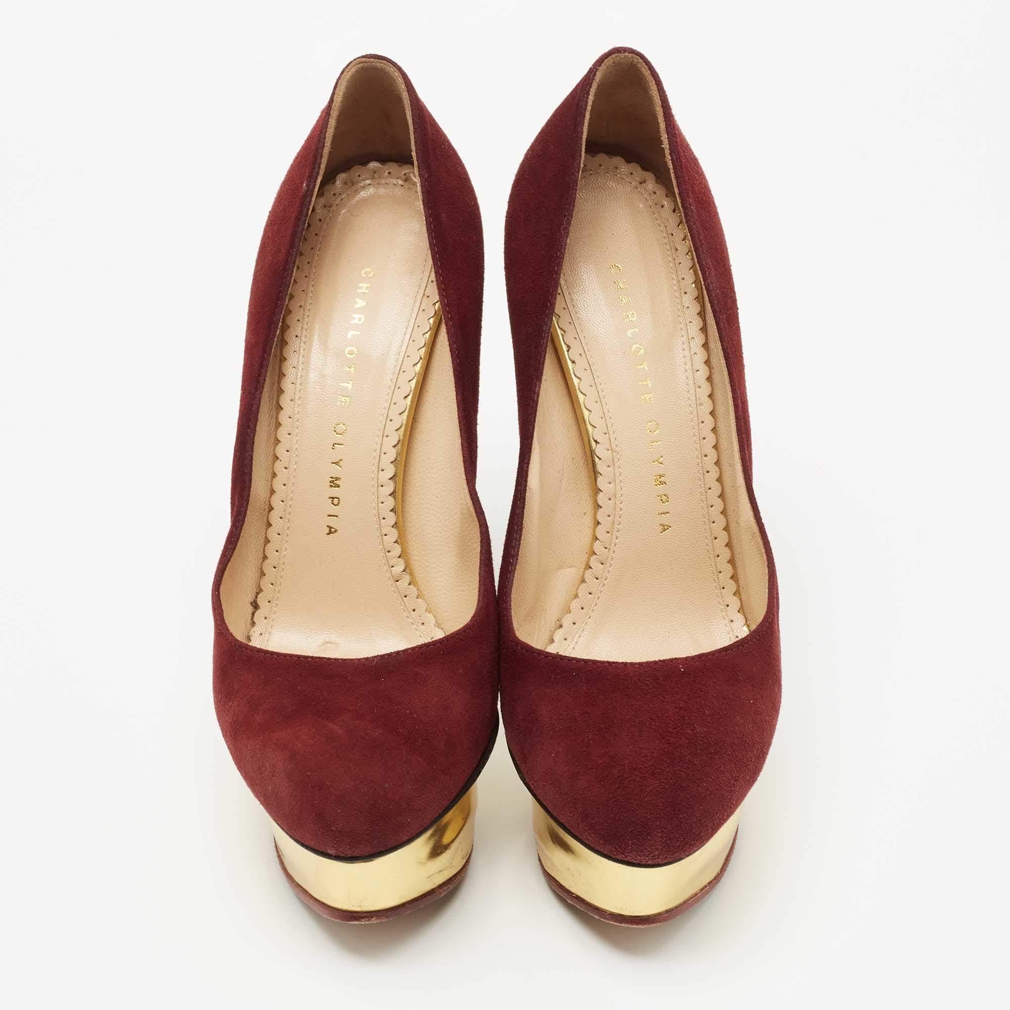 Brown Charlotte Olympia Burgundy Suede Dolly Platform Pumps Size 36.5 For Sale