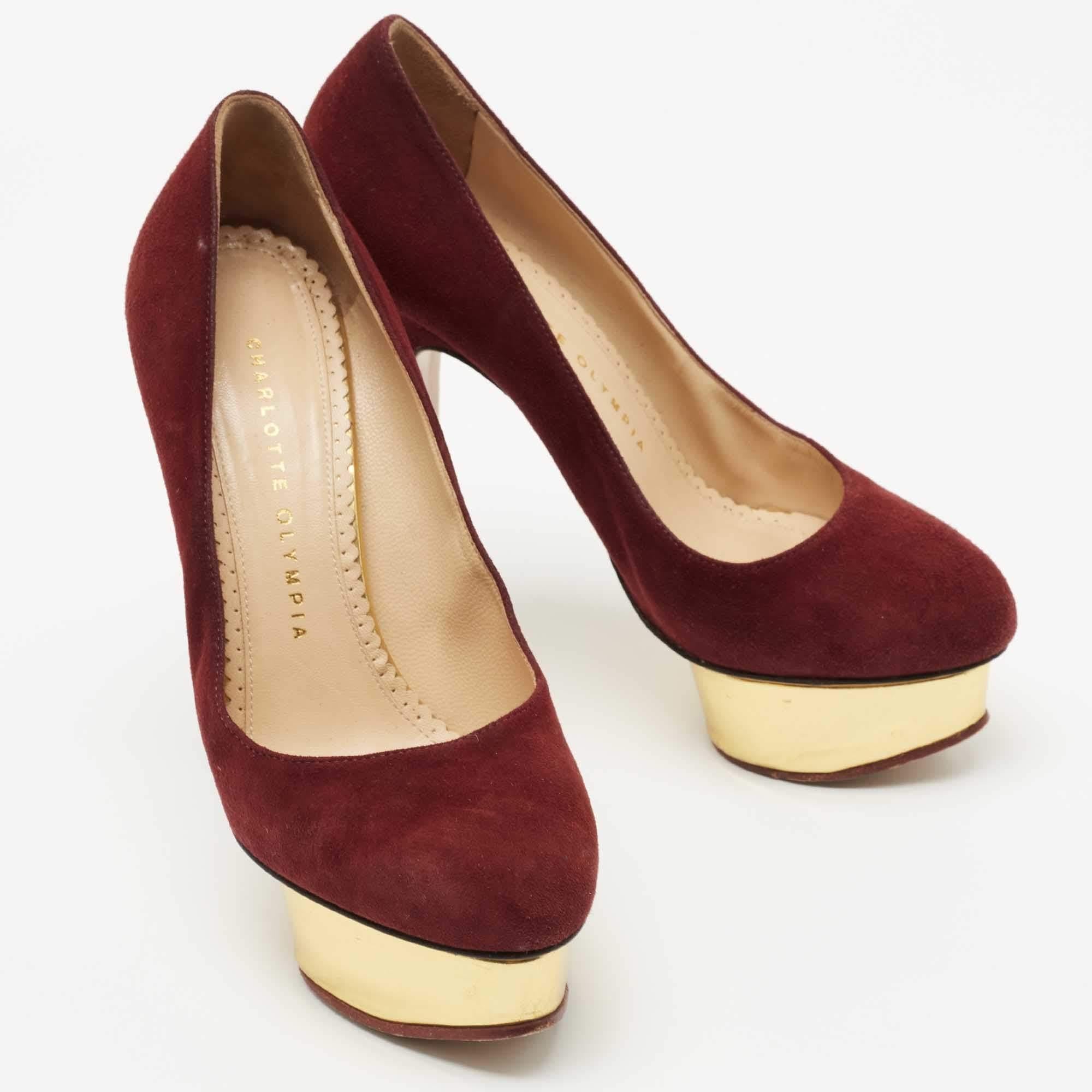 Charlotte Olympia Burgundy Suede Dolly Platform Pumps Size 36.5 In Good Condition For Sale In Dubai, Al Qouz 2