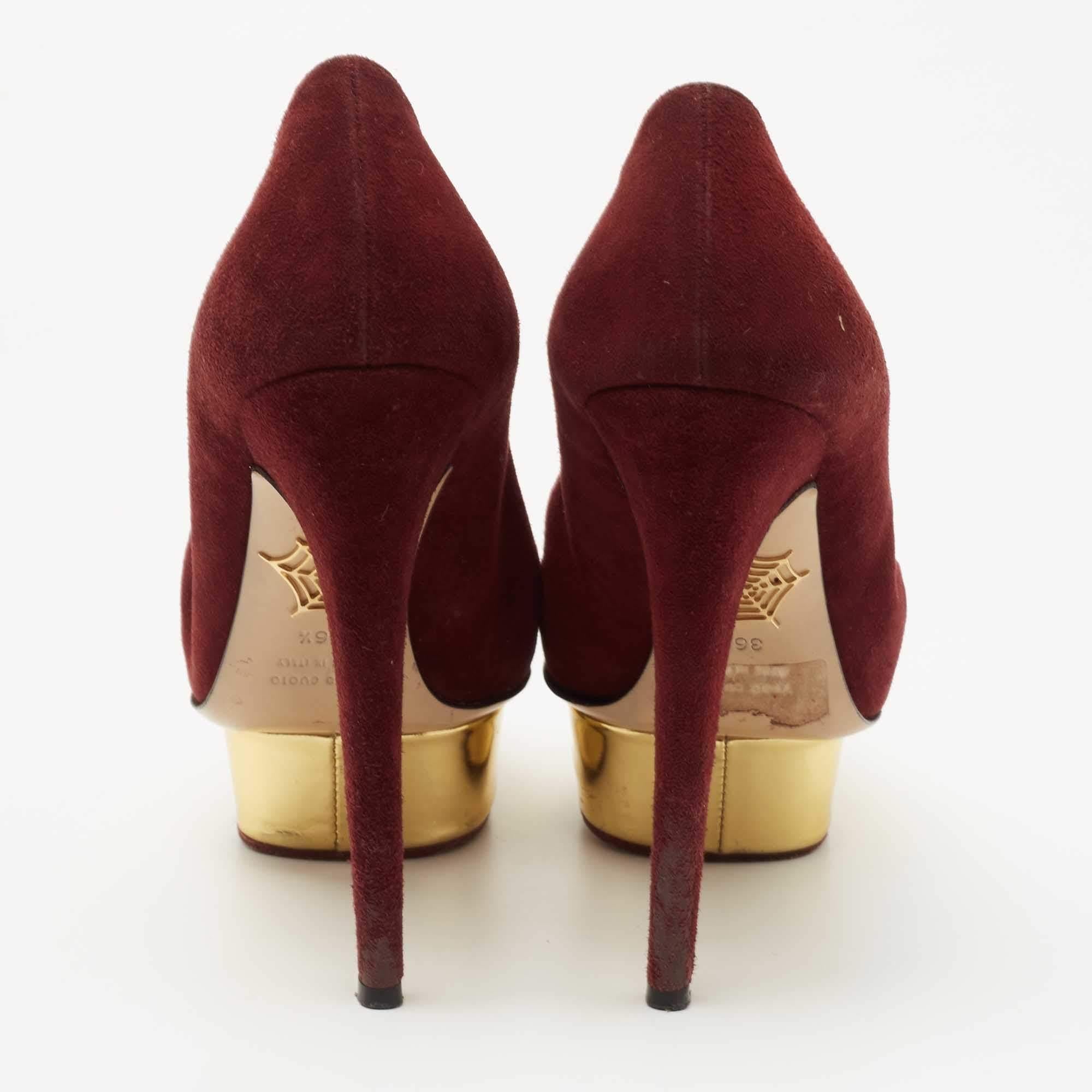 Women's Charlotte Olympia Burgundy Suede Dolly Platform Pumps Size 36.5 For Sale