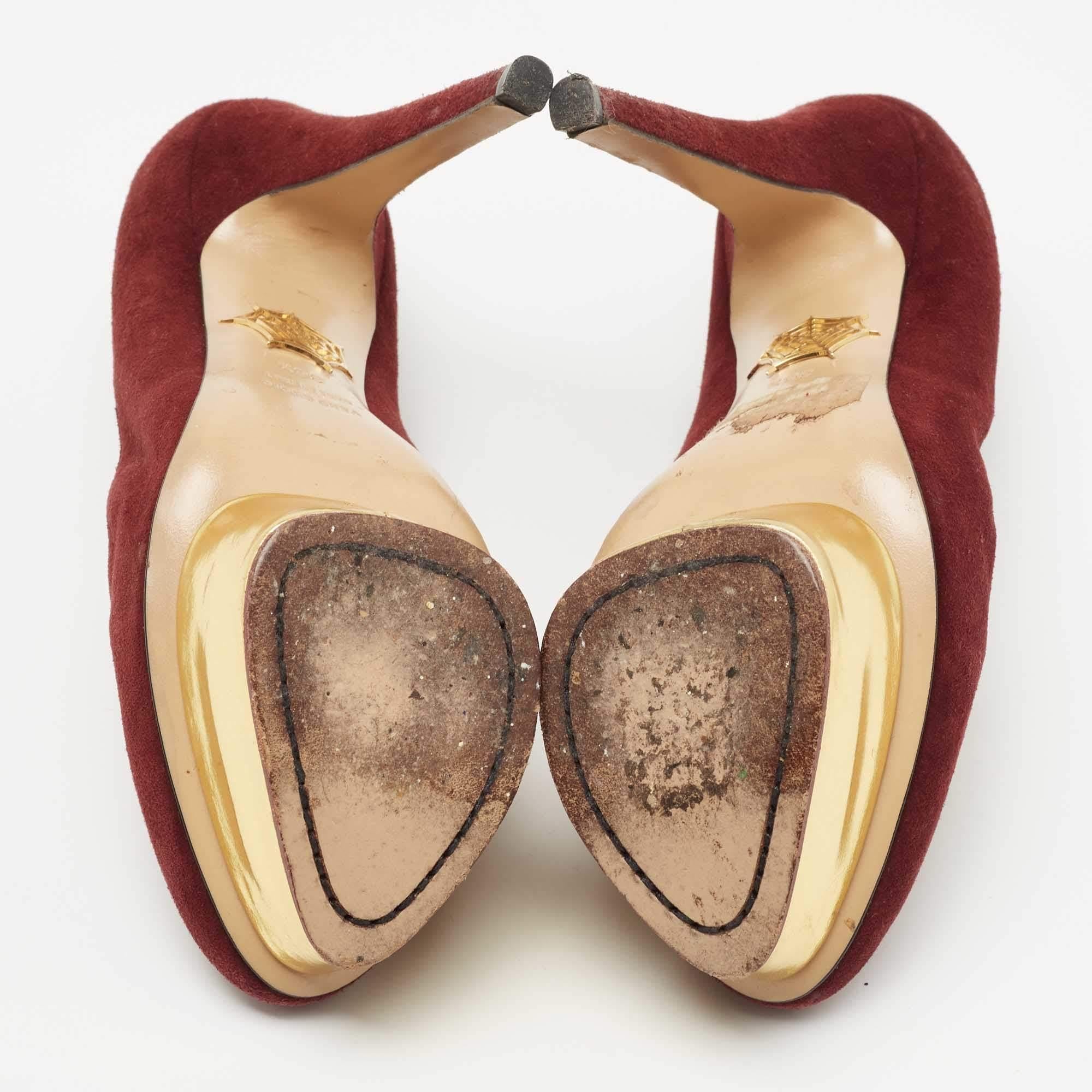 Charlotte Olympia Burgundy Suede Dolly Platform Pumps Size 36.5 For Sale 1