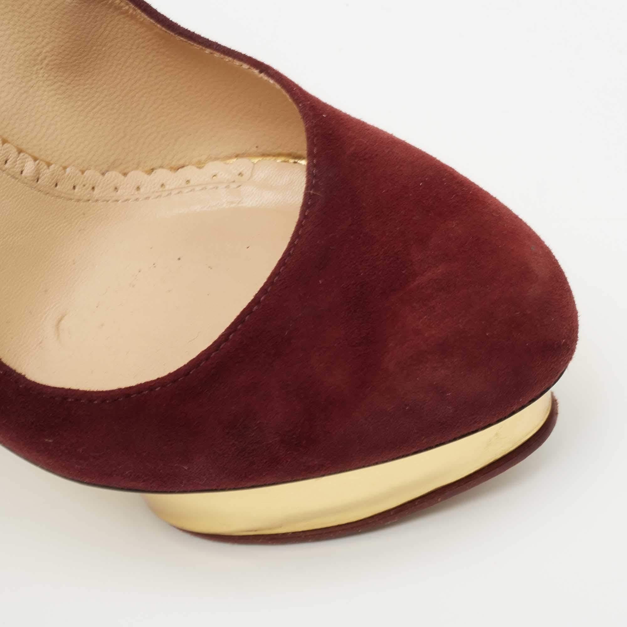 Charlotte Olympia Burgundy Suede Dolly Platform Pumps Size 36.5 For Sale 2