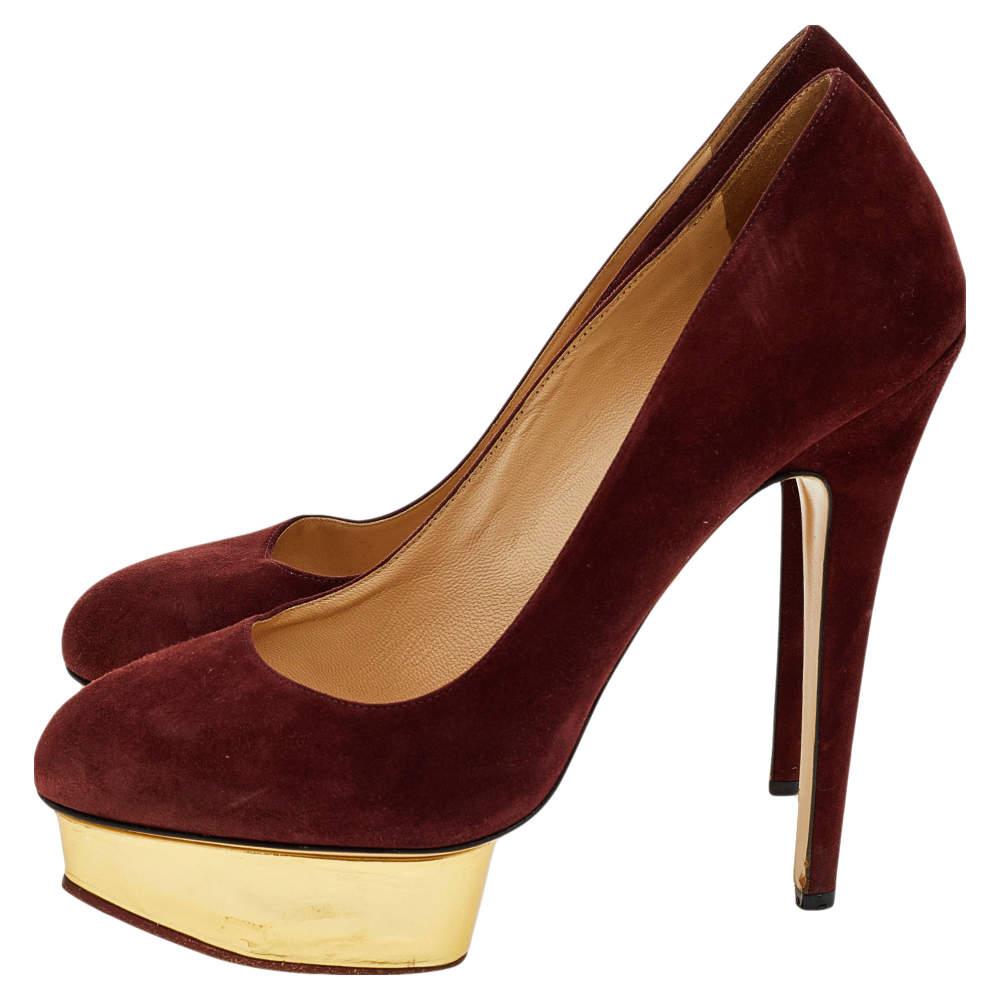 Charlotte Olympia Burgundy Suede Dolly Platform Pumps Size 40 In Good Condition In Dubai, Al Qouz 2