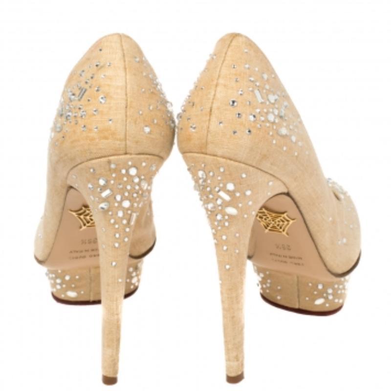 Charlotte Olympia Canvas Crystal Embellished Dolly Platform Pumps Size 36.5 In Good Condition For Sale In Dubai, Al Qouz 2