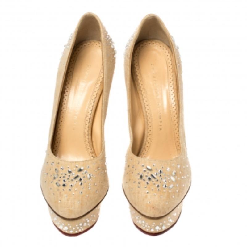 Women's Charlotte Olympia Canvas Crystal Embellished Dolly Platform Pumps Size 36.5 For Sale