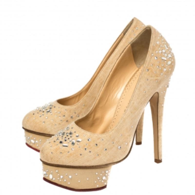 Charlotte Olympia Canvas Crystal Embellished Dolly Platform Pumps Size 36.5 For Sale 2