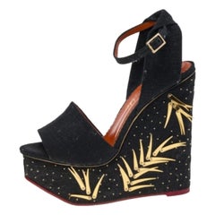 Charlotte Olympia Canvas Embellished Platform Wedge Ankle Strap Sandals Size 38