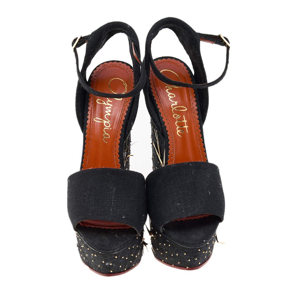 Noir Charlotte Olympia Canvas Mischievous Platform Wedge Ankle Strap Sandals Size 38 en vente