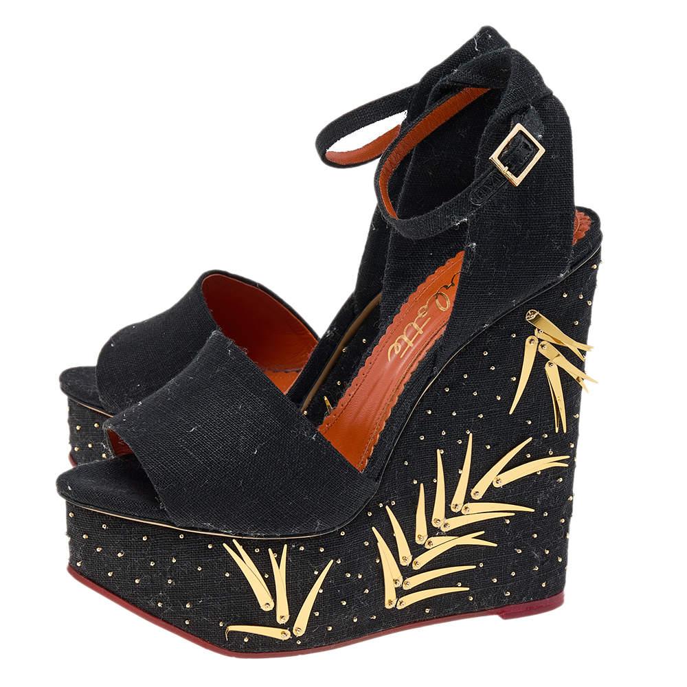 Charlotte Olympia Canvas Mischievous Platform Wedge Ankle Strap Sandals Size 38 For Sale 1