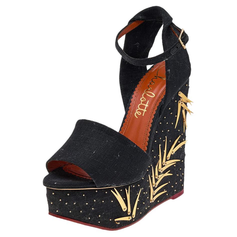 Charlotte Olympia Canvas Mischievous Platform Wedge Ankle Strap Sandals Size 38 For Sale