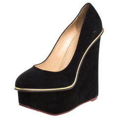 Charlotte Olympia Carmen Black Suede Wedge Platform Pumps Size 38