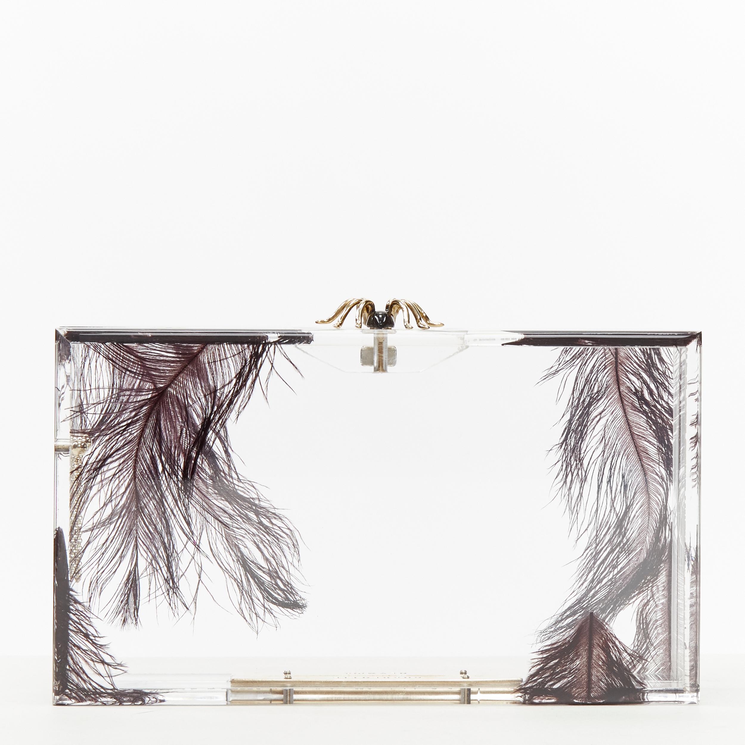 CHARLOTTE OLYMPIA clear acrylic black feather gold spider box clutch bag In Excellent Condition In Hong Kong, NT