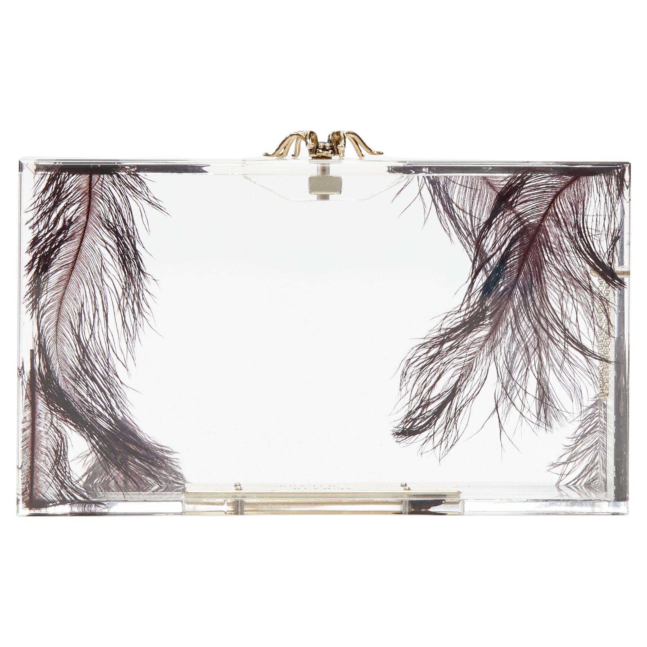 CHARLOTTE OLYMPIA clear acrylic black feather gold spider box clutch bag