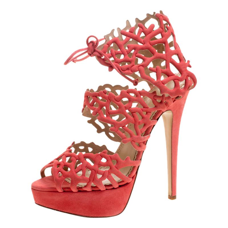 Charlotte Olympia Coral Laser Cut Suede Goodness Reef Platform Sandals  Size 39