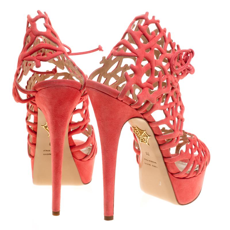 Orange Charlotte Olympia Coral Laser Cut Suede Gracious Reef Platform Sandals Size 39 For Sale