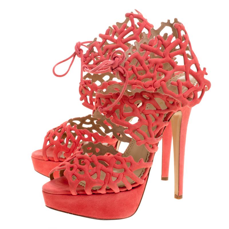 Charlotte Olympia Coral Laser Cut Suede Gracious Reef Platform Sandals Size 39 In New Condition For Sale In Dubai, Al Qouz 2