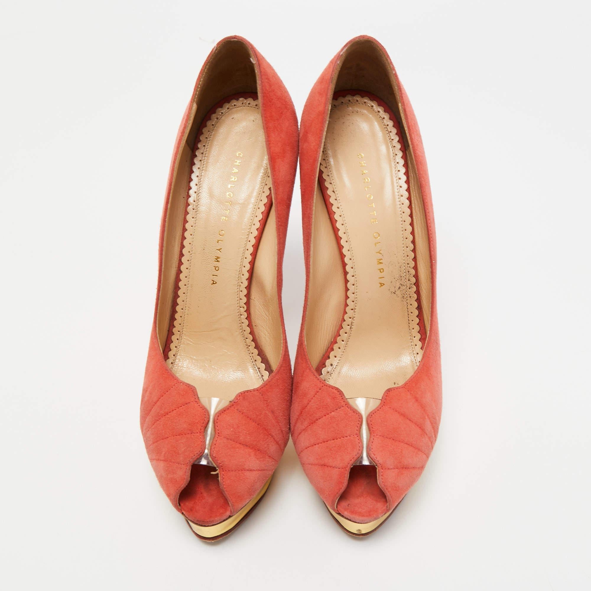 Orange Charlotte Olympia Coral Pink Suede Peep Toe Platform Pumps Size 41 For Sale
