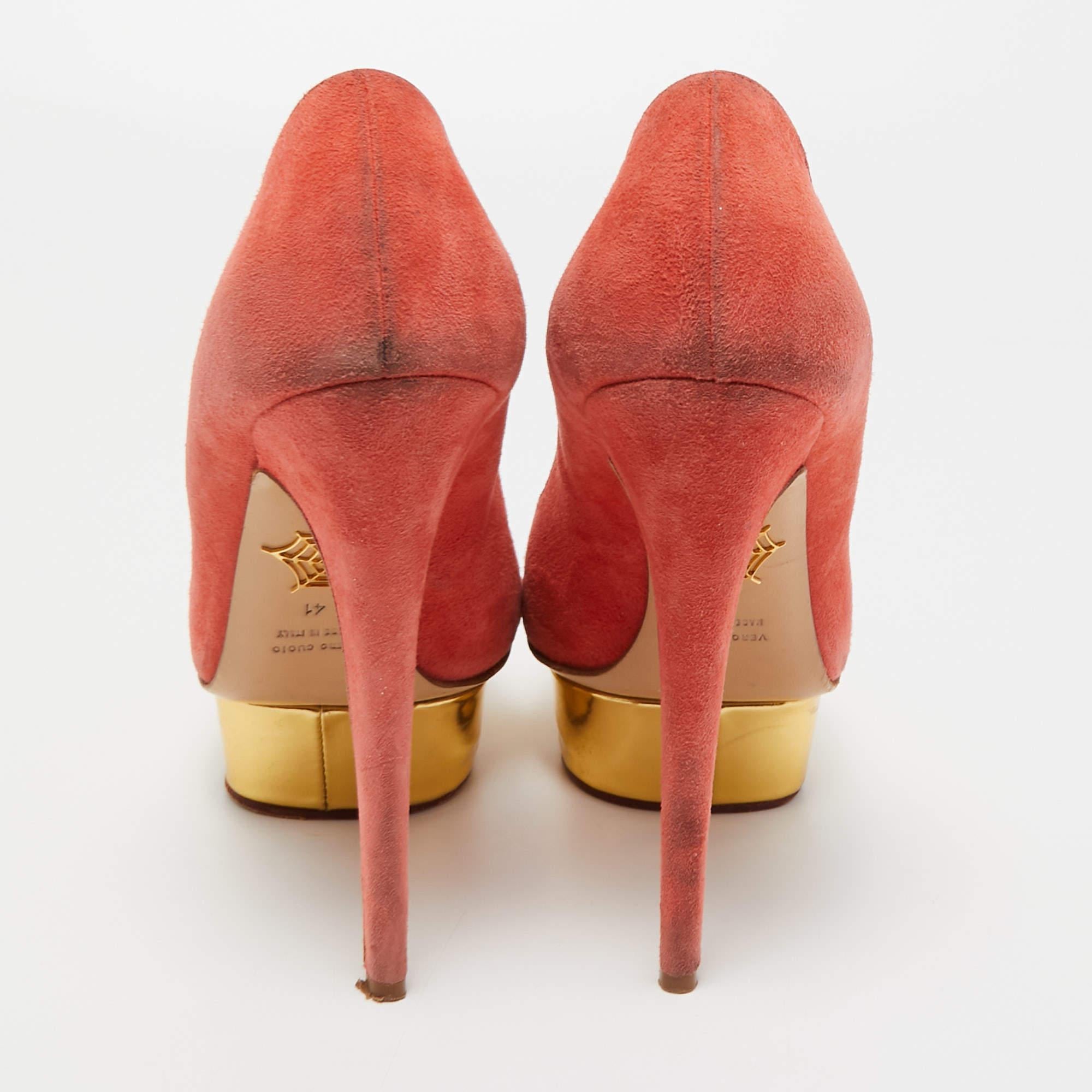 Women's Charlotte Olympia Coral Pink Suede Peep Toe Platform Pumps Size 41 For Sale