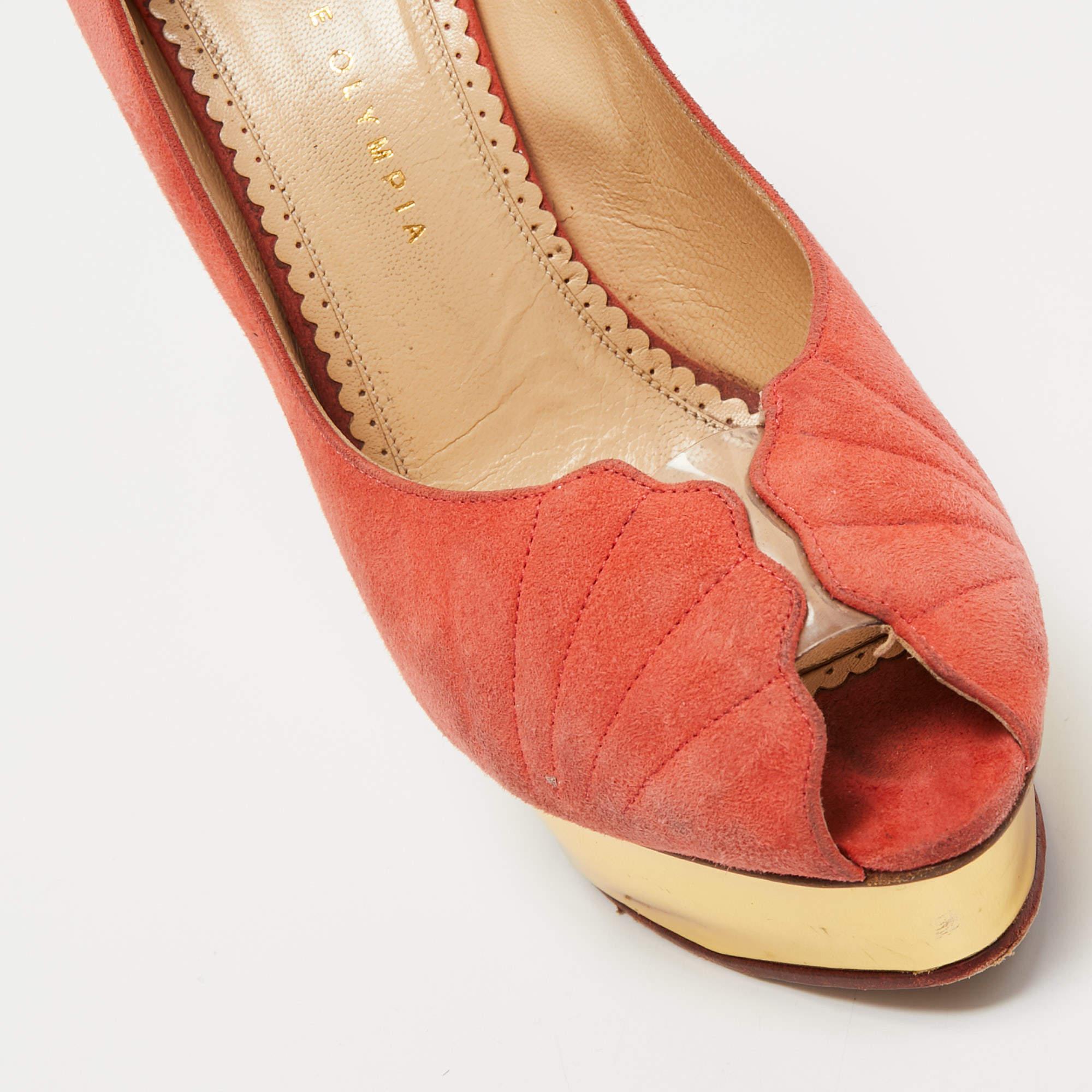 Charlotte Olympia Coral Pink Suede Peep Toe Platform Pumps Size 41 For Sale 3