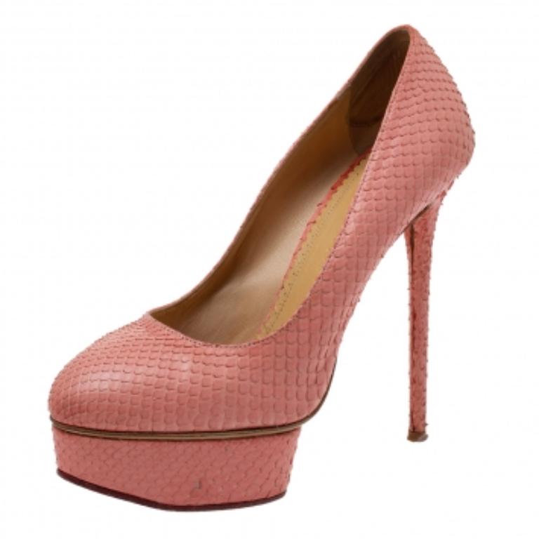 Charlotte Olympia Coral Red Python Dolly Platform Pumps Size 39 For Sale 1